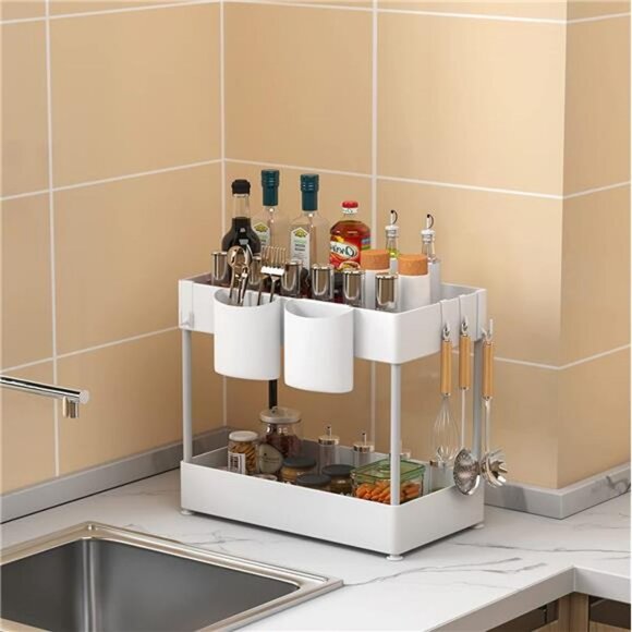 2 Tier Under Kitchen Bathroom Cabinet Storage Rack with 6 Hooks and 2 Baskets - Picture 6 of 6